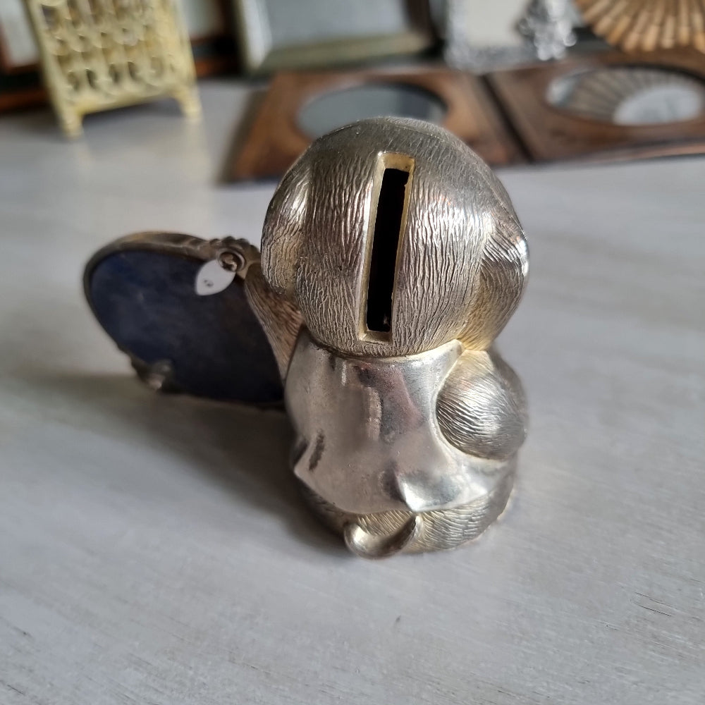 Vintage puppy photo frame money box in pewter finish