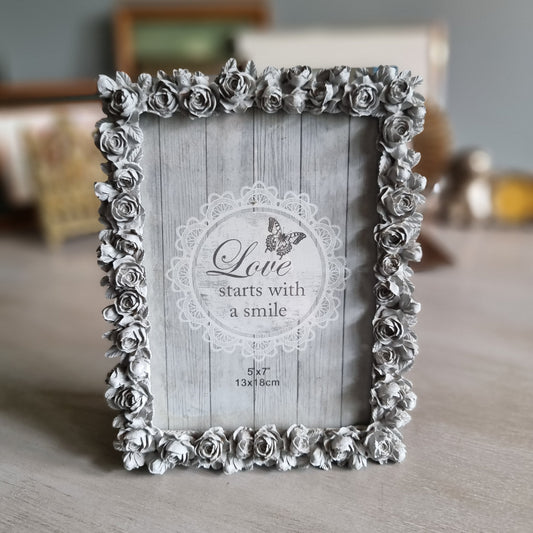 Grey floral rose border photo frame with vintage charm