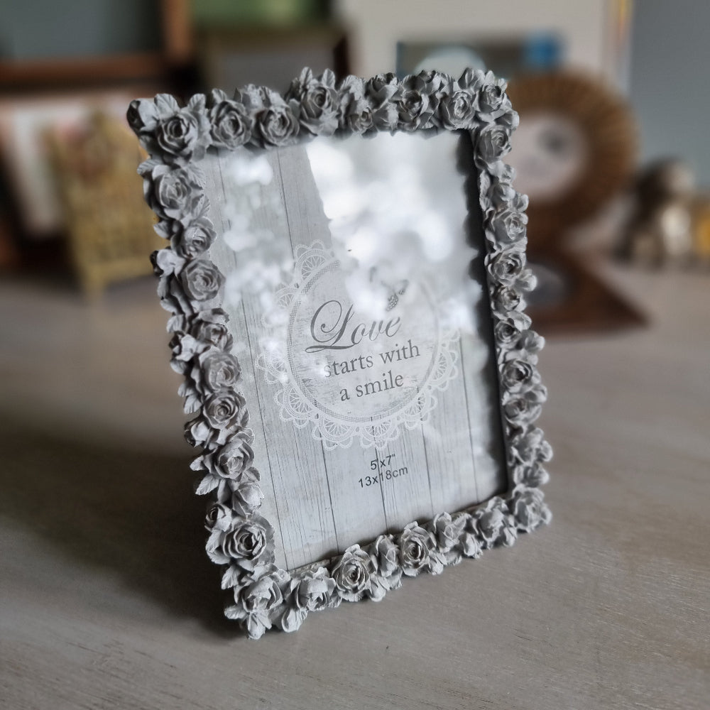 Grey floral rose border photo frame with vintage charm