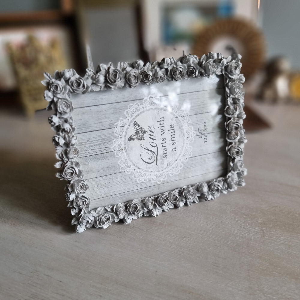 Grey floral rose border photo frame with vintage charm