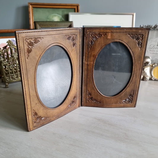 Vintage tan leather double photo frame with embossed detailing