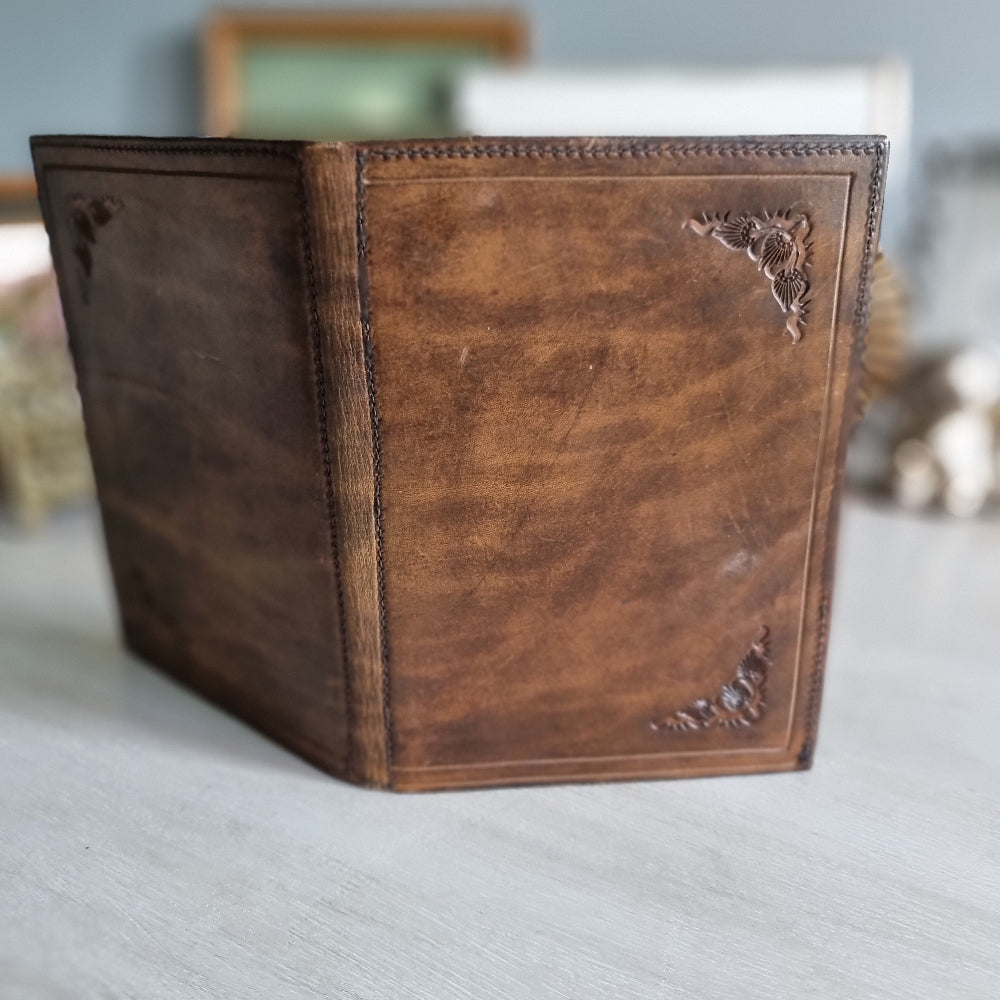 Vintage tan leather double photo frame with embossed detailing