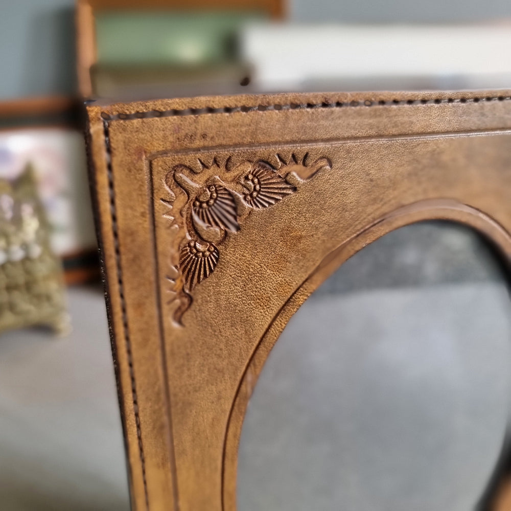 Vintage tan leather double photo frame with embossed detailing