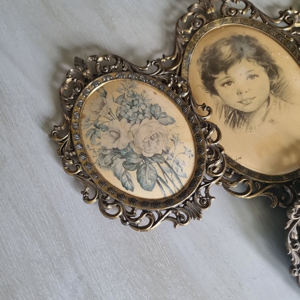 Set of vintage Italian brass oval frames with ornate scrollwork and silk prints