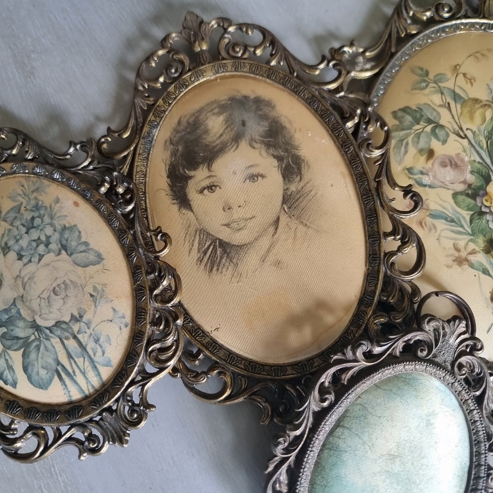 Set of vintage Italian brass oval frames with ornate scrollwork and silk prints
