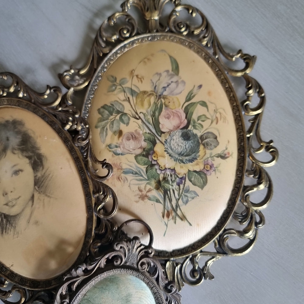 Set of vintage Italian brass oval frames with ornate scrollwork and silk prints