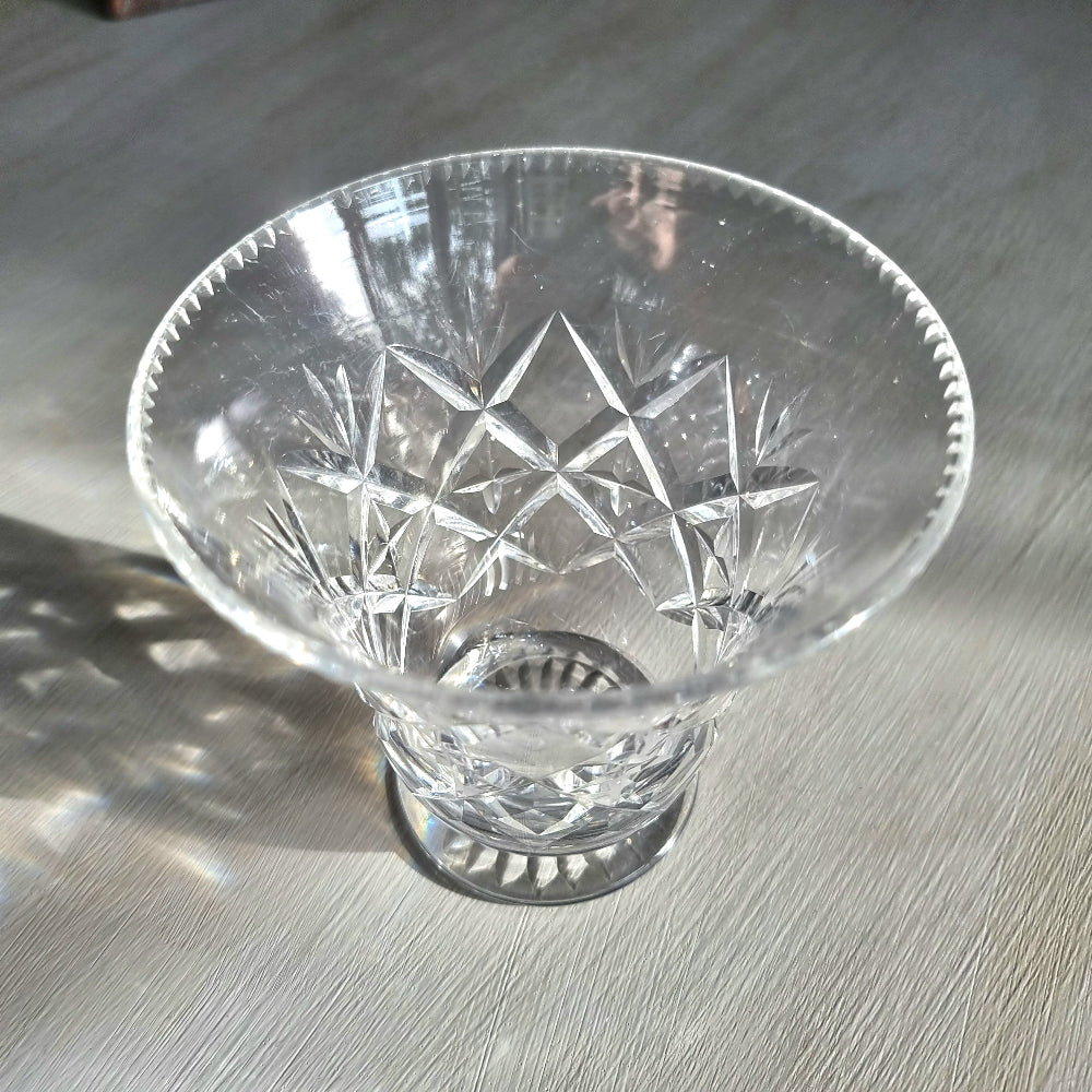 Vintage cut crystal trumpet vase with diamond crosshatch pattern and hobnail rim