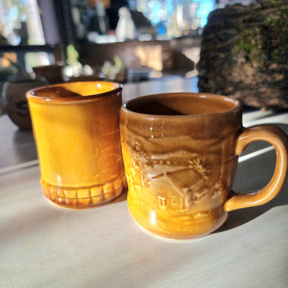 Vintage honey glaze mug pair, ribbed mug and Crown Lynn 1215 farm scene mug