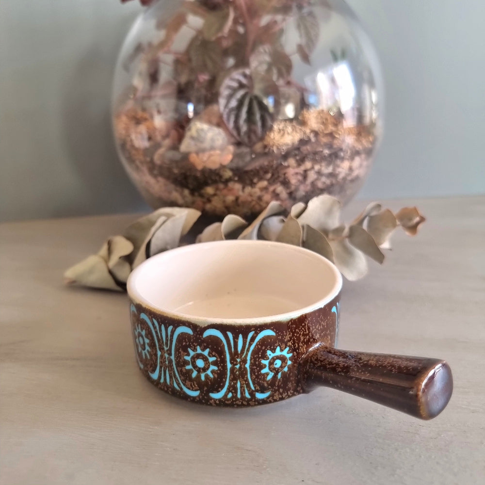 Retro brown and turquoise handled soup bowl with cream glazed interior