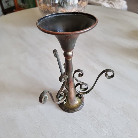 Walter Oxley Sheffield silver plated epergne trumpet vase with curling scroll base, worn back to warm copper tones
