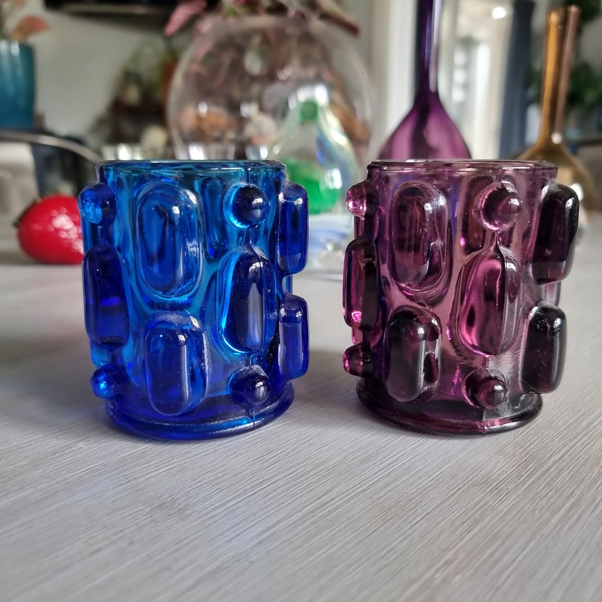 Pair of blue and purple Japanese Bond Ware glass votive candle holders