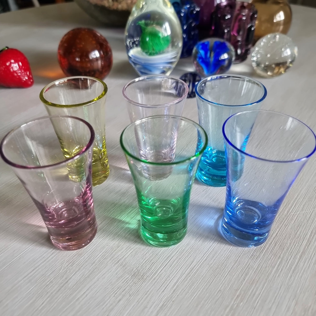 Set of six multicoloured glass shot glasses