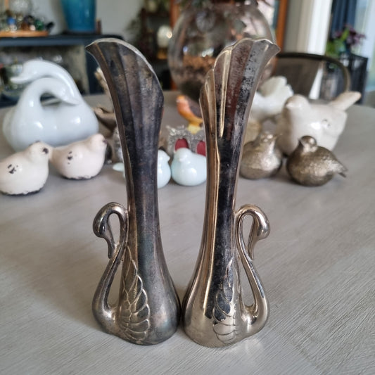 Pair of tall silver plated bud vases with swan handles and fluted tops