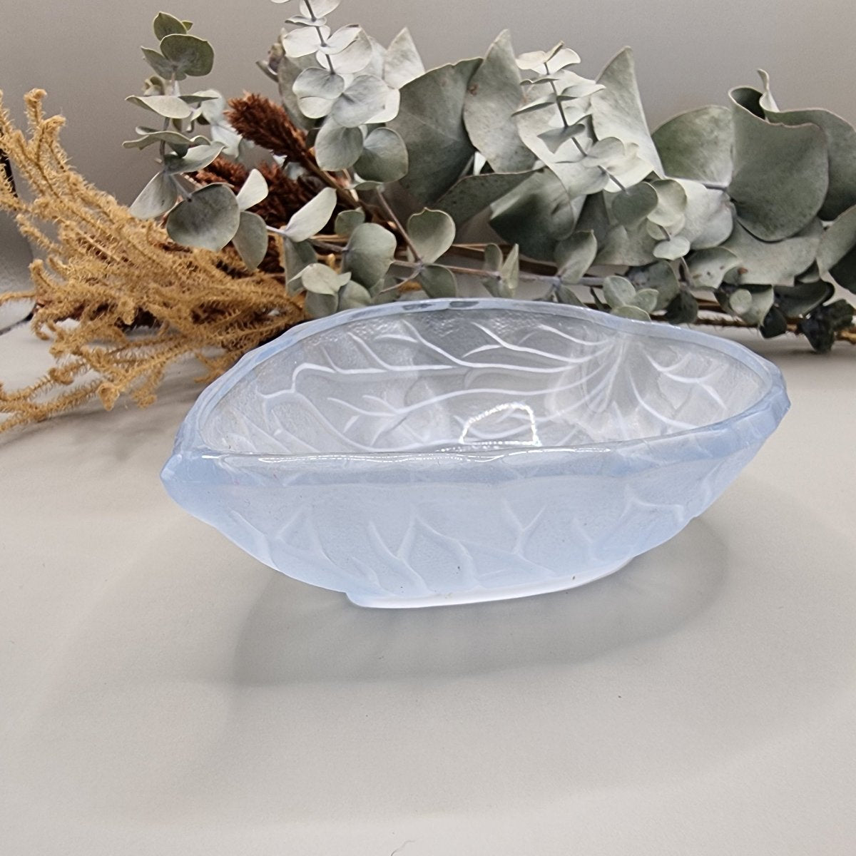 Bagley blue frosted glass leaf dish