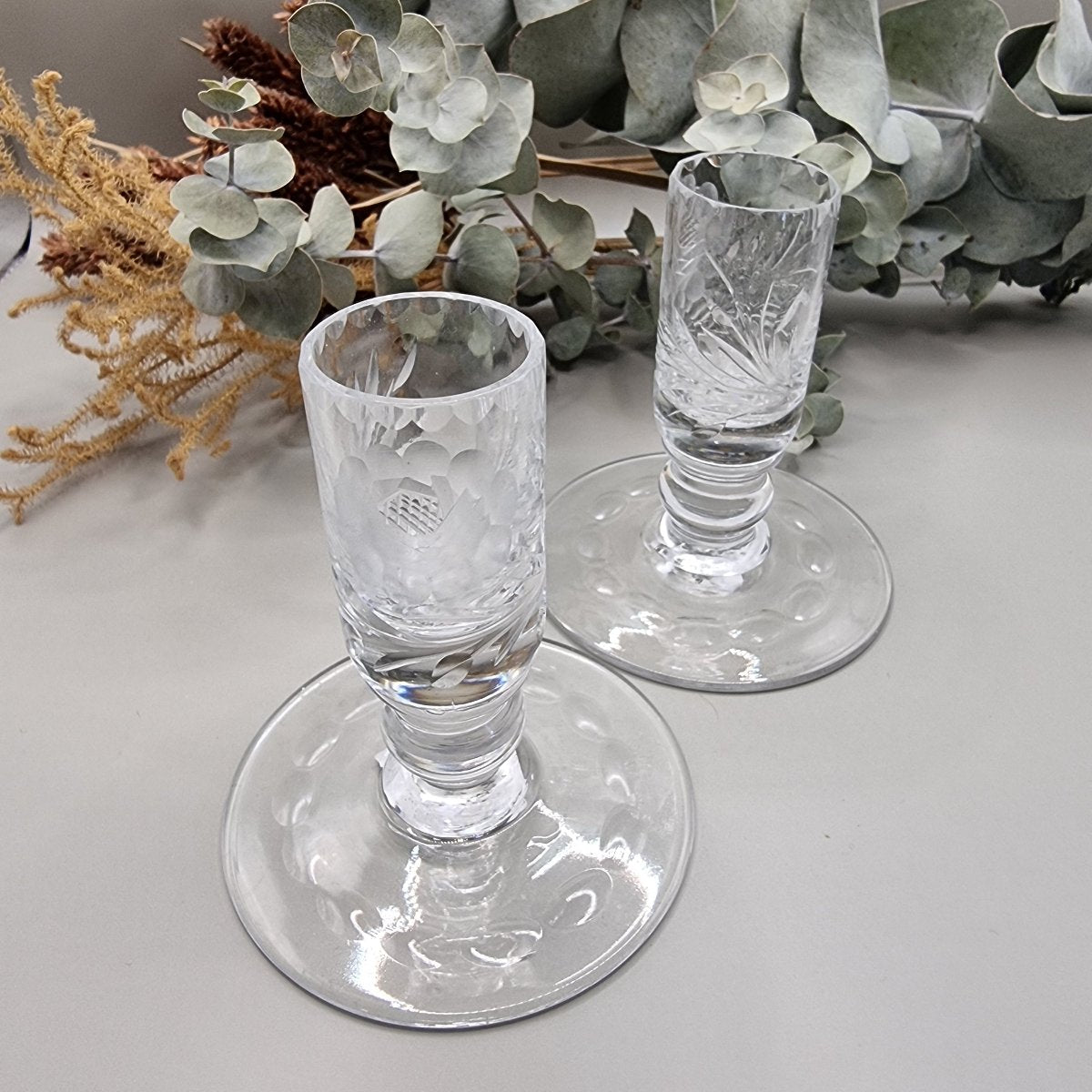 Vintage crystal candlesticks hand etched floral design