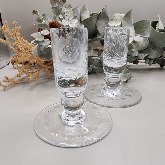 Vintage crystal candlesticks hand etched floral design