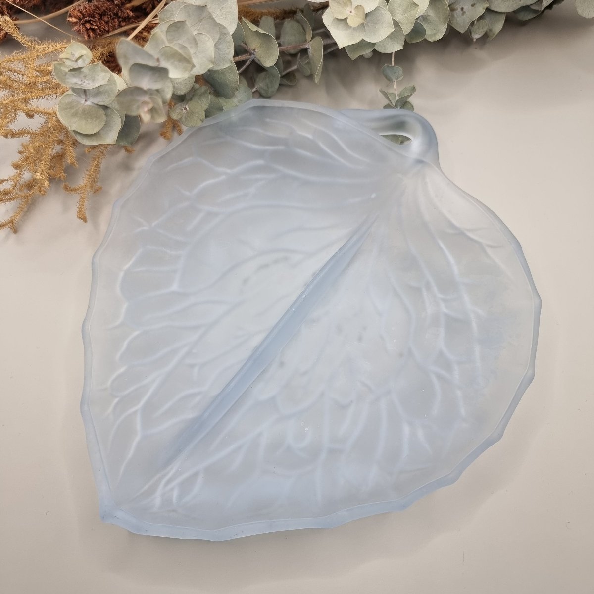 Frosted Bagley leaf blue glass dish