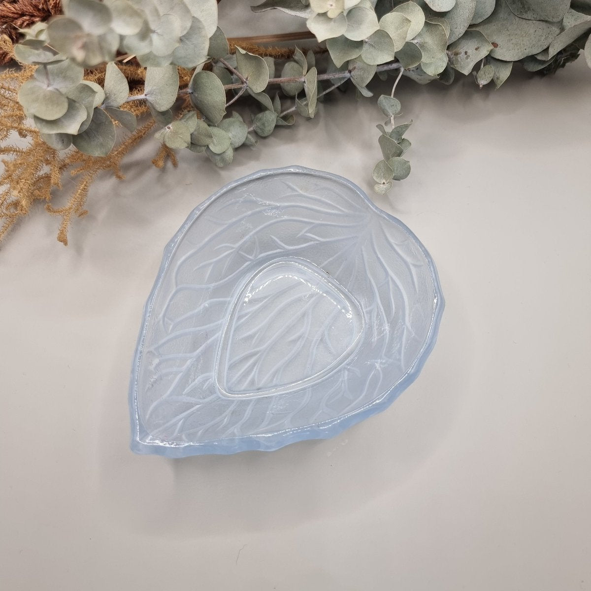 Frosted blue glass leaf dish by Bagley