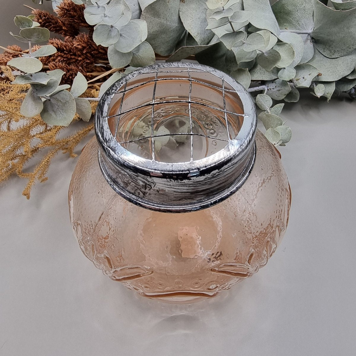 Pink glass vintage flower frog vase