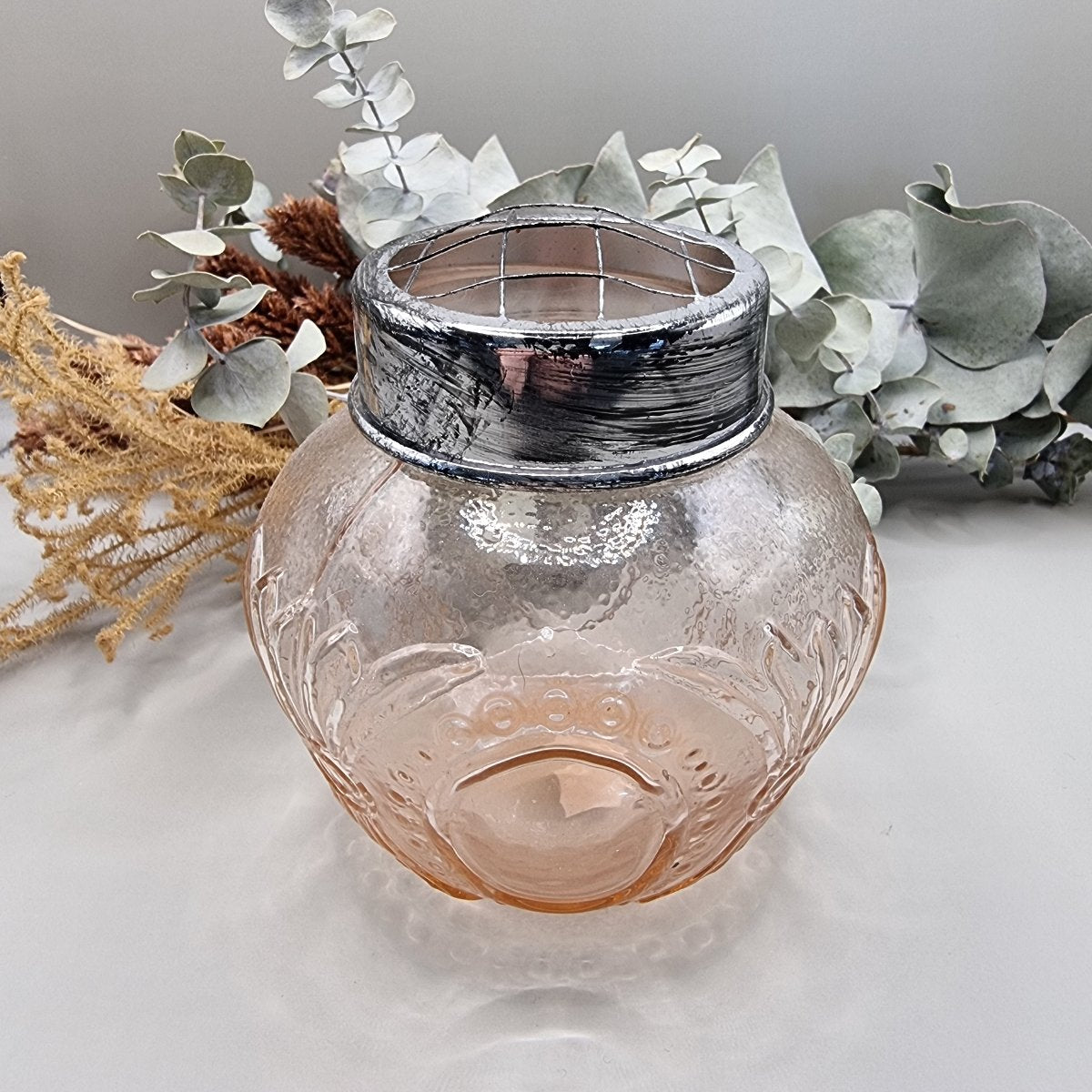 Vintage pink glass flower frog vase