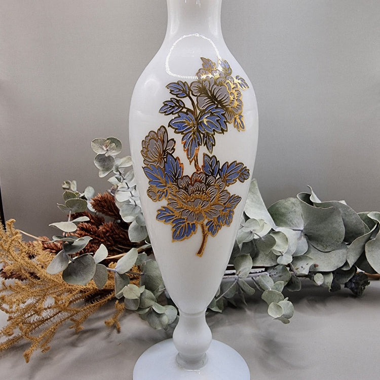 Vintage milk glass vase with blue and gold floral detail