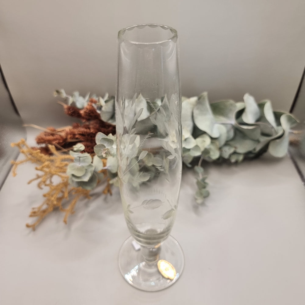 Clear etched glass bud vase with leaf motif and scalloped rim