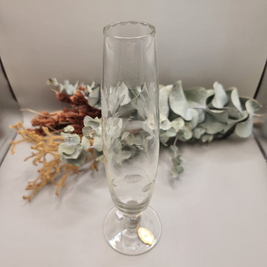 Clear etched glass bud vase with leaf motif and scalloped rim