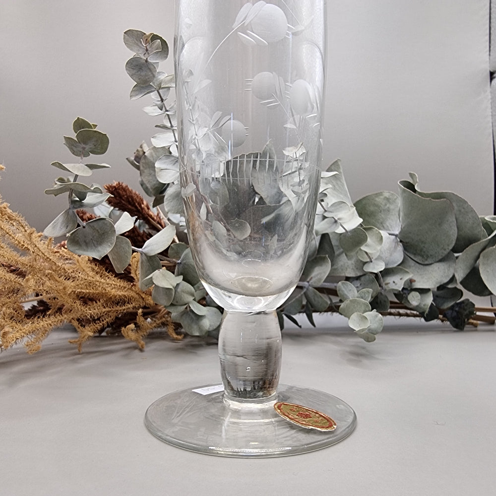 Clear etched glass bud vase with leaf motif and scalloped rim