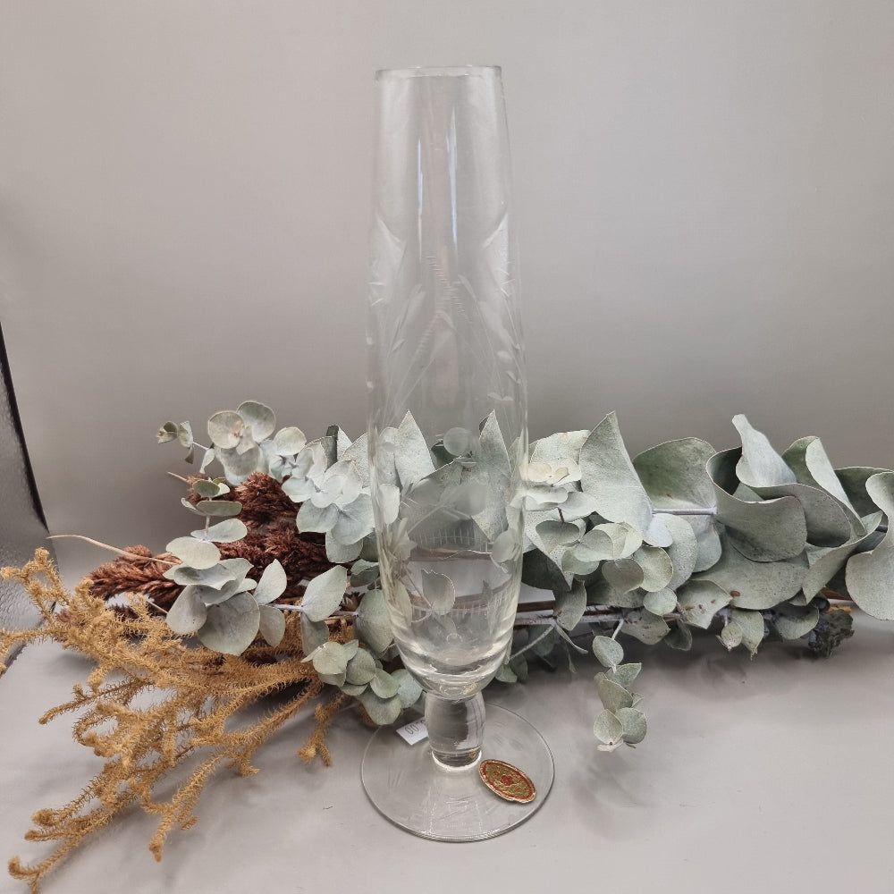 Clear etched glass bud vase with leaf motif and scalloped rim