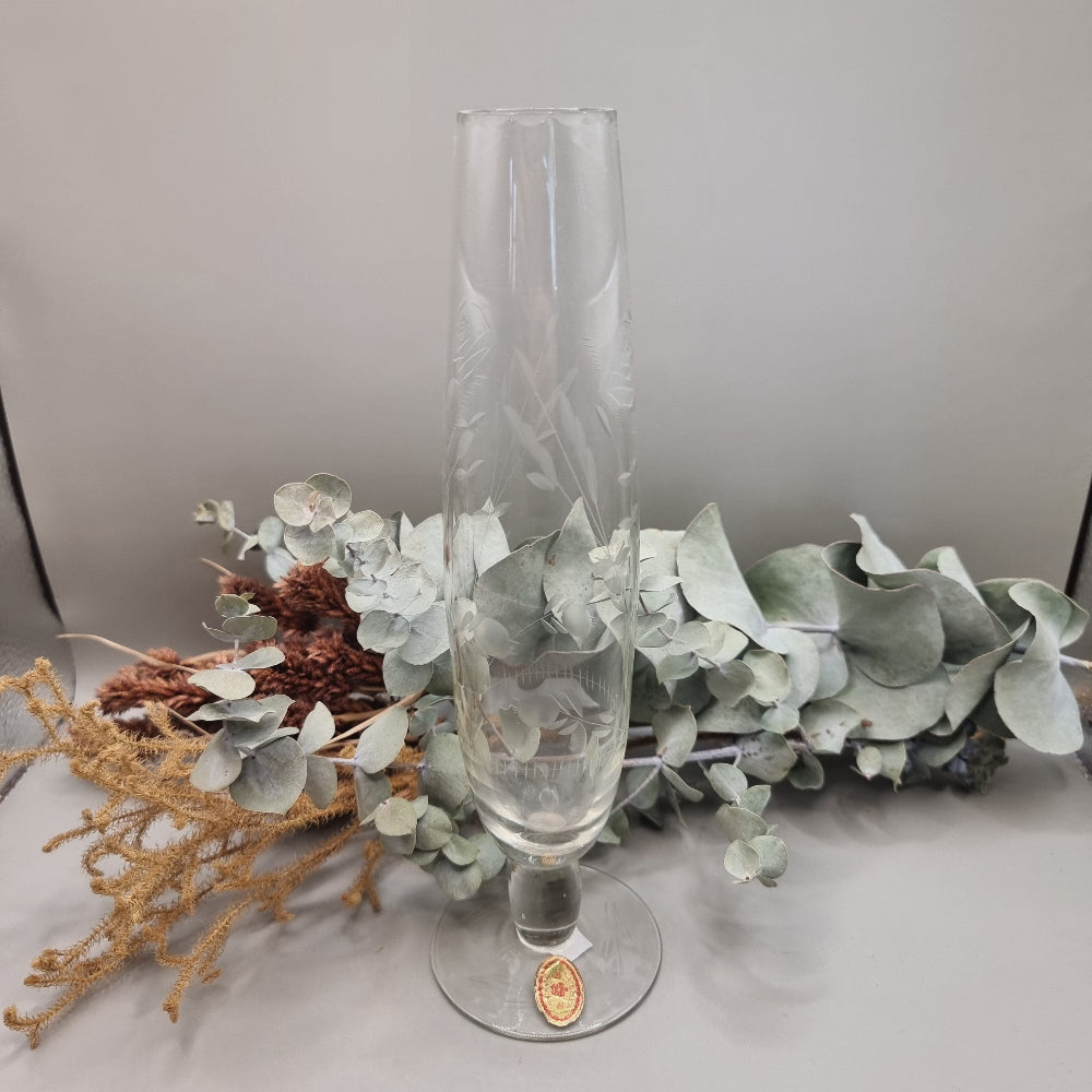 Clear etched glass bud vase with leaf motif and scalloped rim