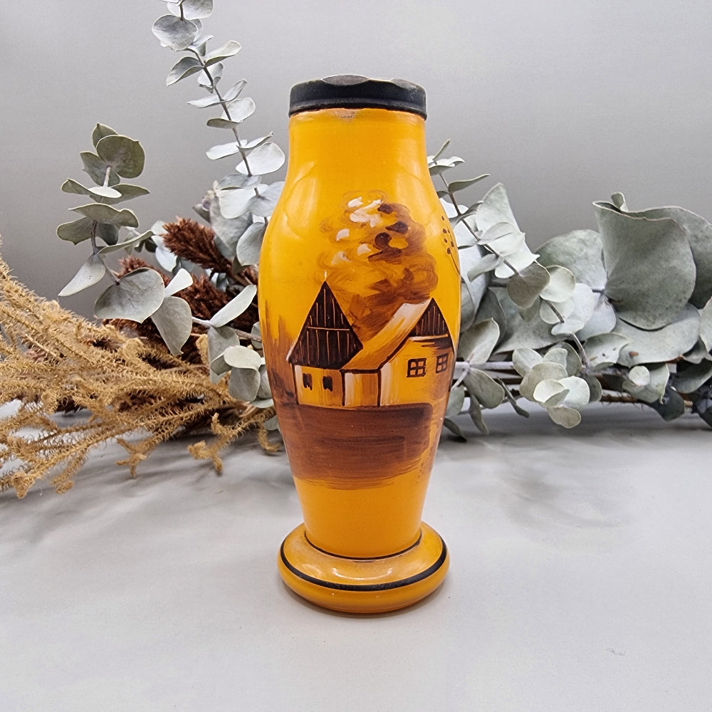 Hand-painted amber vase with rustic cottage scene and pedestal base