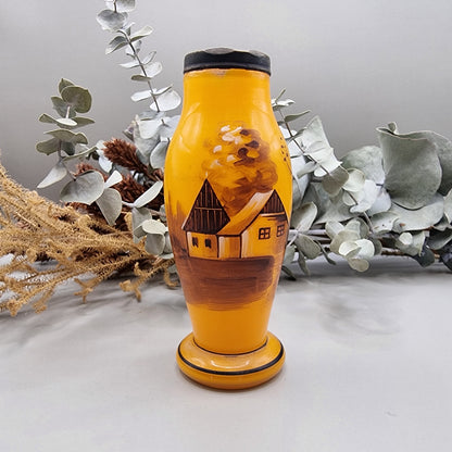 Hand-painted amber vase with rustic cottage scene and pedestal base
