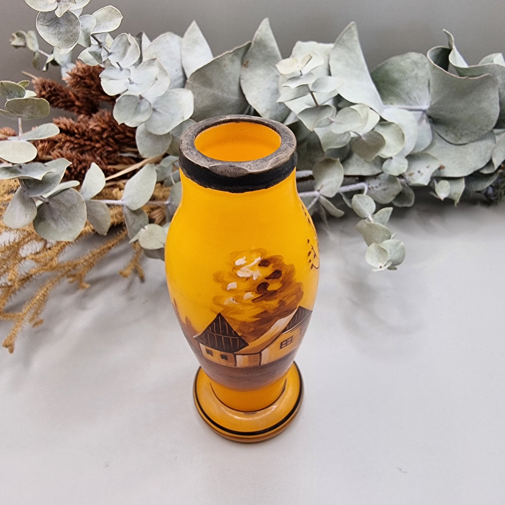 Hand-painted amber vase with rustic cottage scene and pedestal base