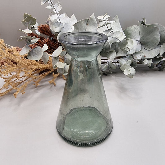 Vintage recycled glass jug vase with green tint and conical shape