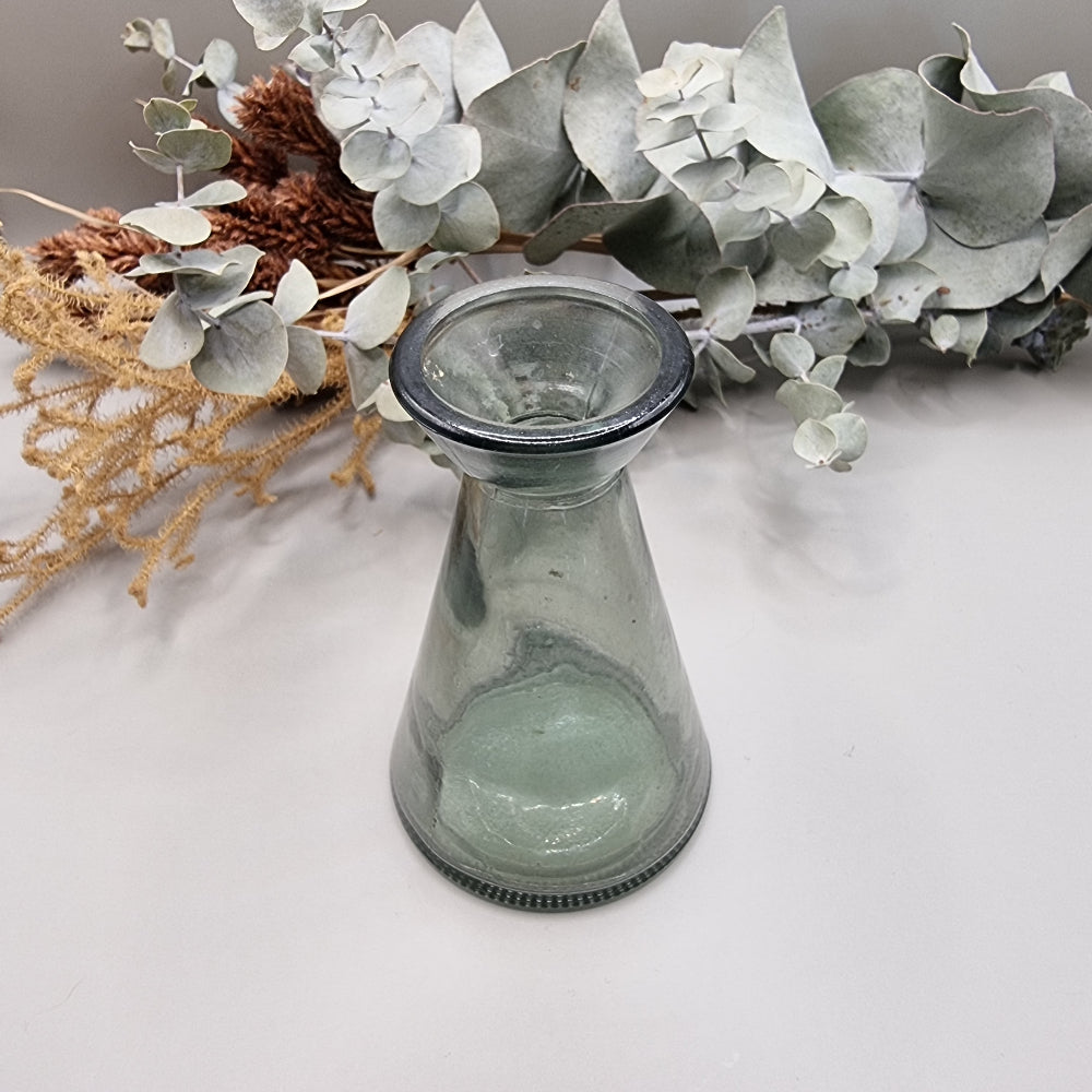 Vintage recycled glass jug vase with green tint and conical shape