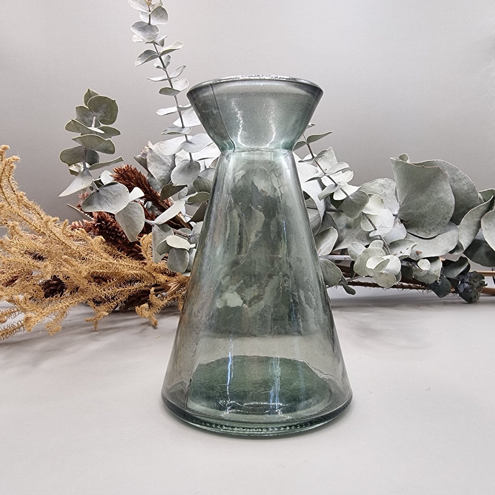Vintage recycled glass jug vase with green tint and conical shape
