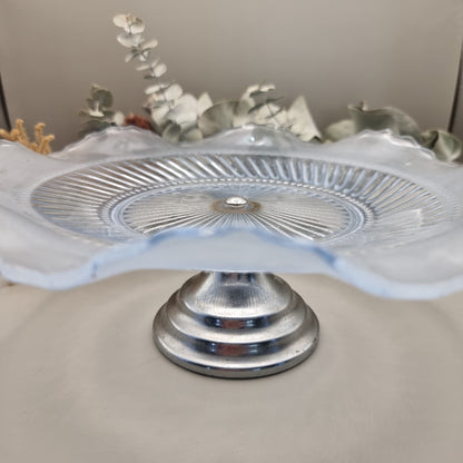 Bagley ‘Katherine’ blue glass cake stand with frosted scalloped edge and pedestal base.