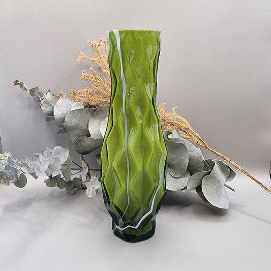 Emerald green diamond-cut vintage glass vase with textured geometric pattern