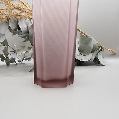 Art Deco purple frosted glass vase with tall geometric shape and soft swirl pattern.