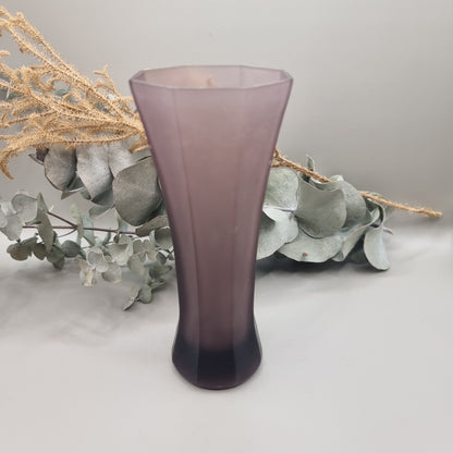 Tall Art Deco purple frosted glass bud vase with flared geometric shape.