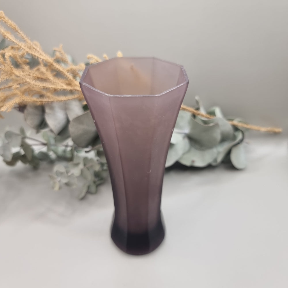 Tall Art Deco purple frosted glass bud vase with flared geometric shape.