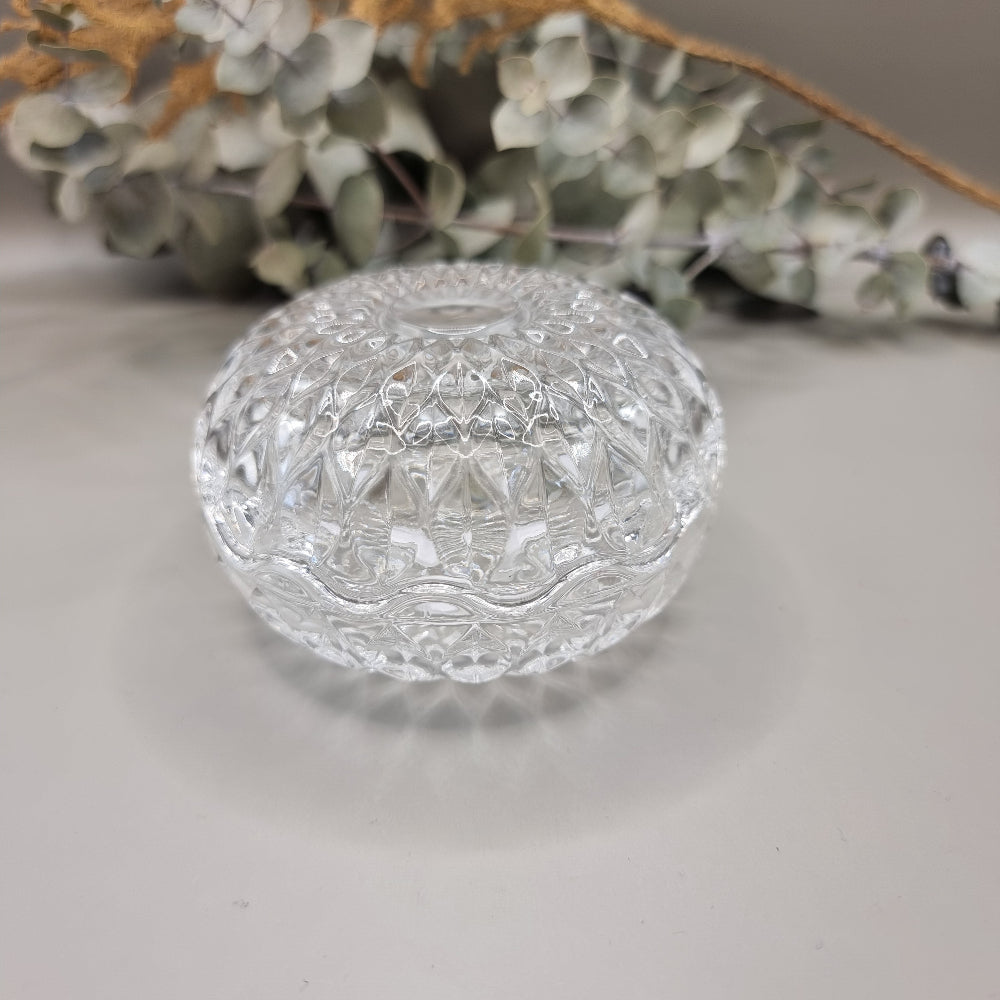 9cm round vintage pressed glass trinket dish with matching lid.