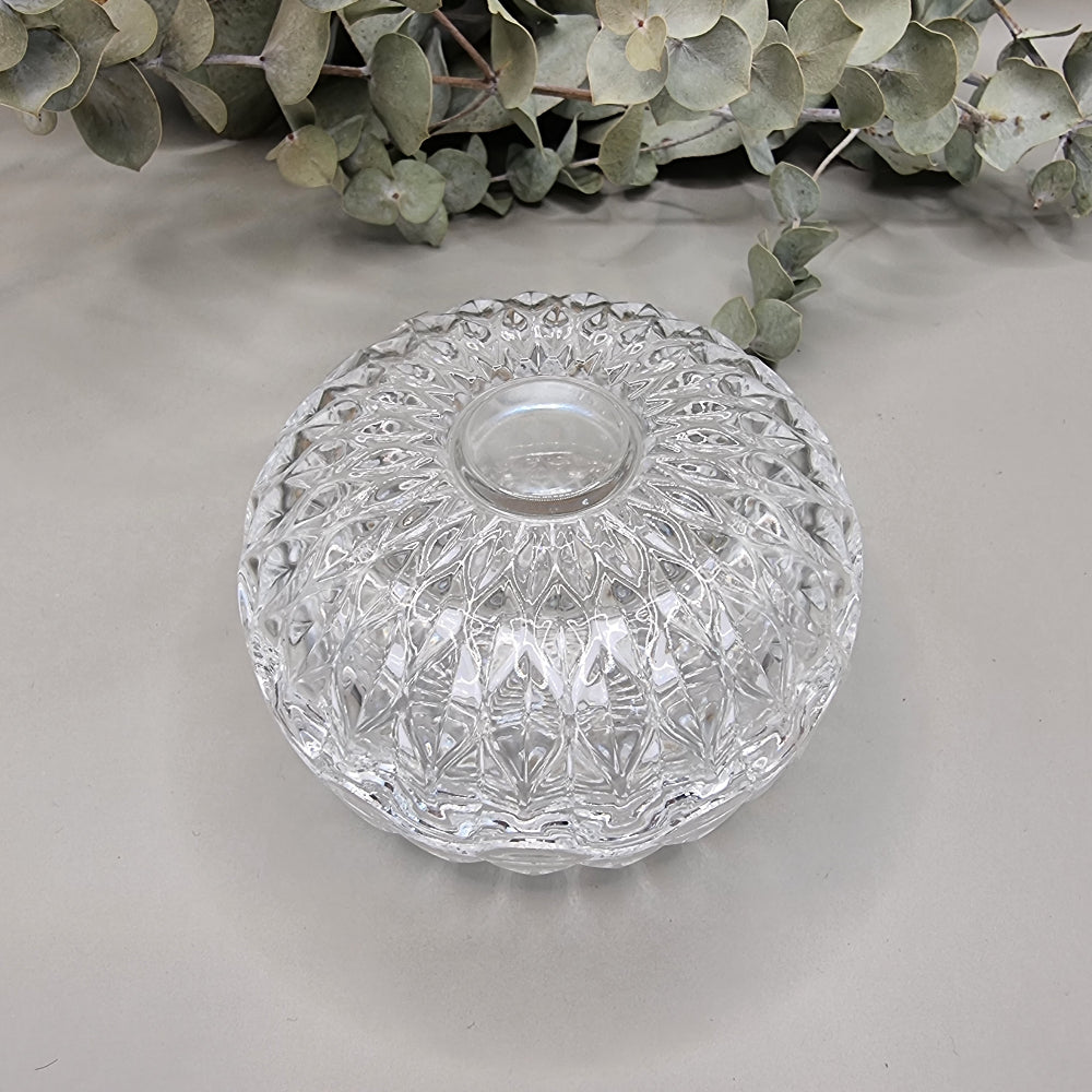 9cm round vintage pressed glass trinket dish with matching lid.