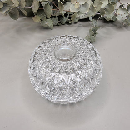 9cm round vintage pressed glass trinket dish with matching lid.