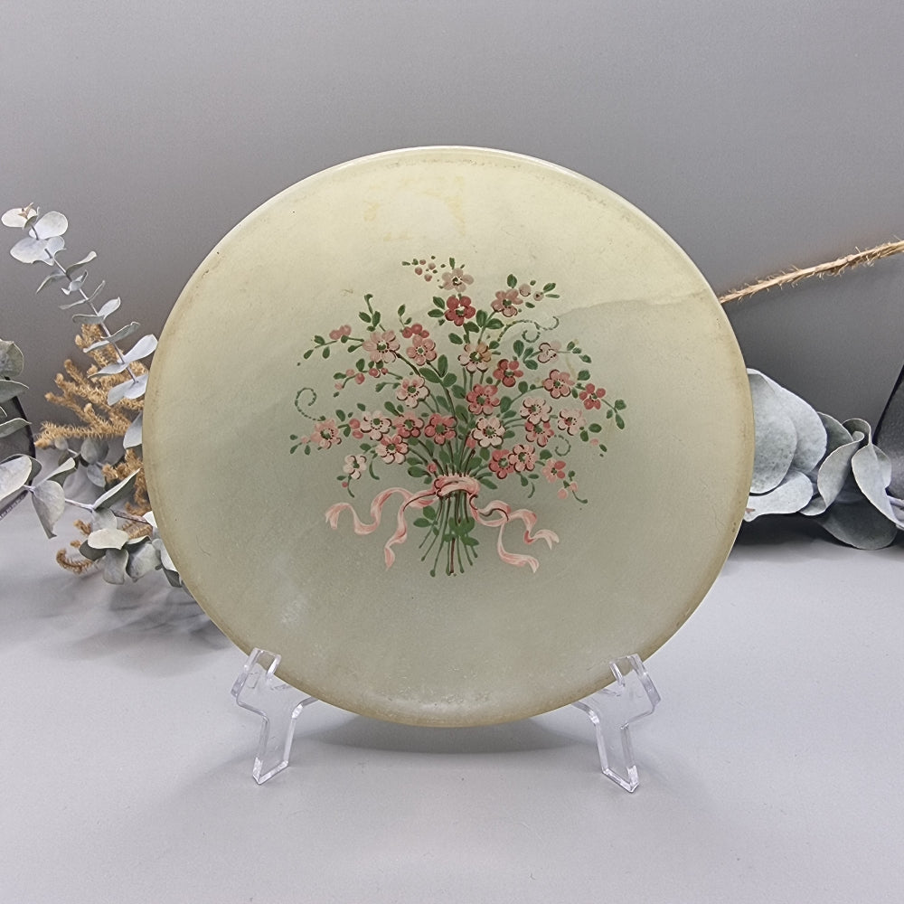 Italian alabaster plate with hand-painted pink floral bouquet and ribbon.