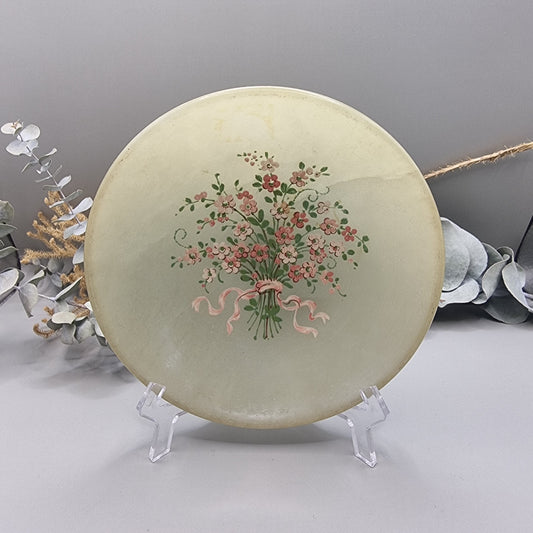 Italian alabaster plate with hand-painted pink floral bouquet and ribbon.