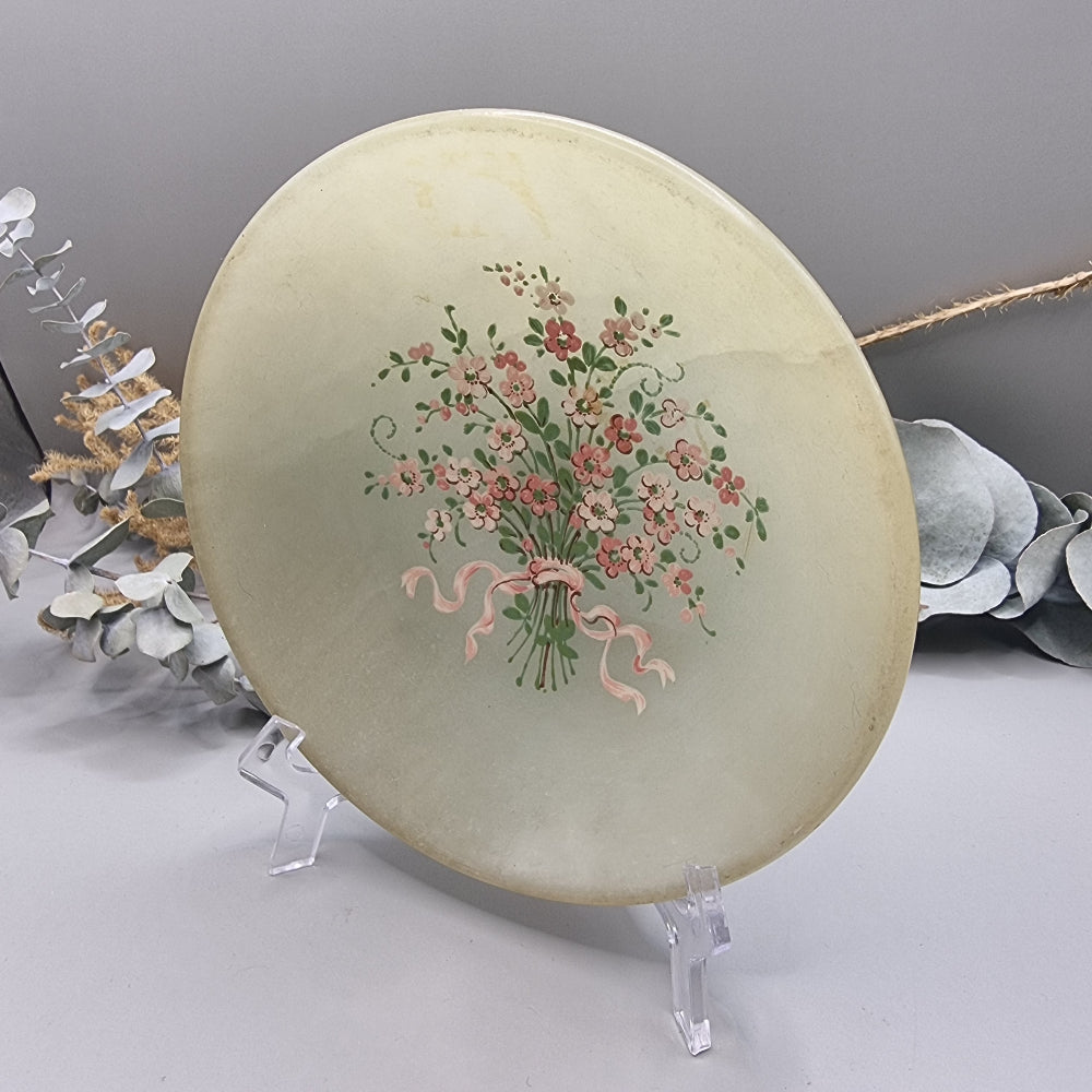 Italian alabaster plate with hand-painted pink floral bouquet and ribbon.