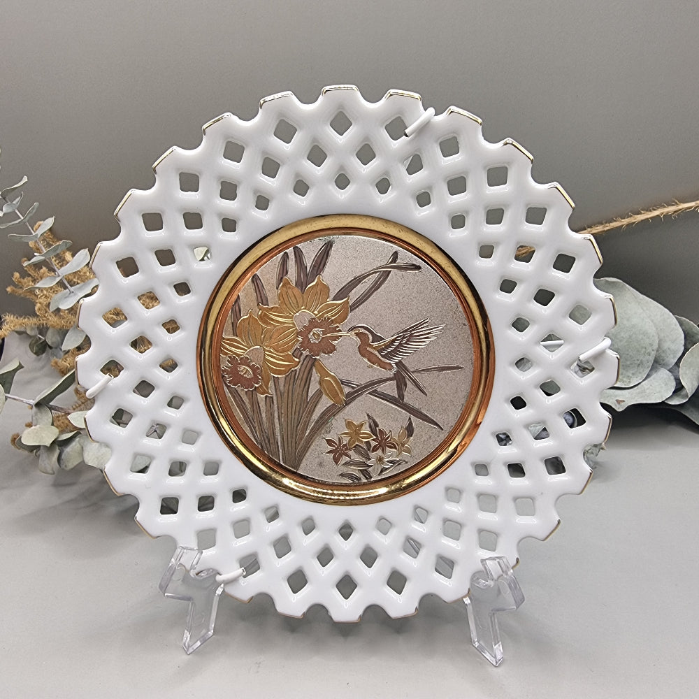 Set of 3 decorative plates with Chokin art birds and flowers, pierced edges and gold trim.
