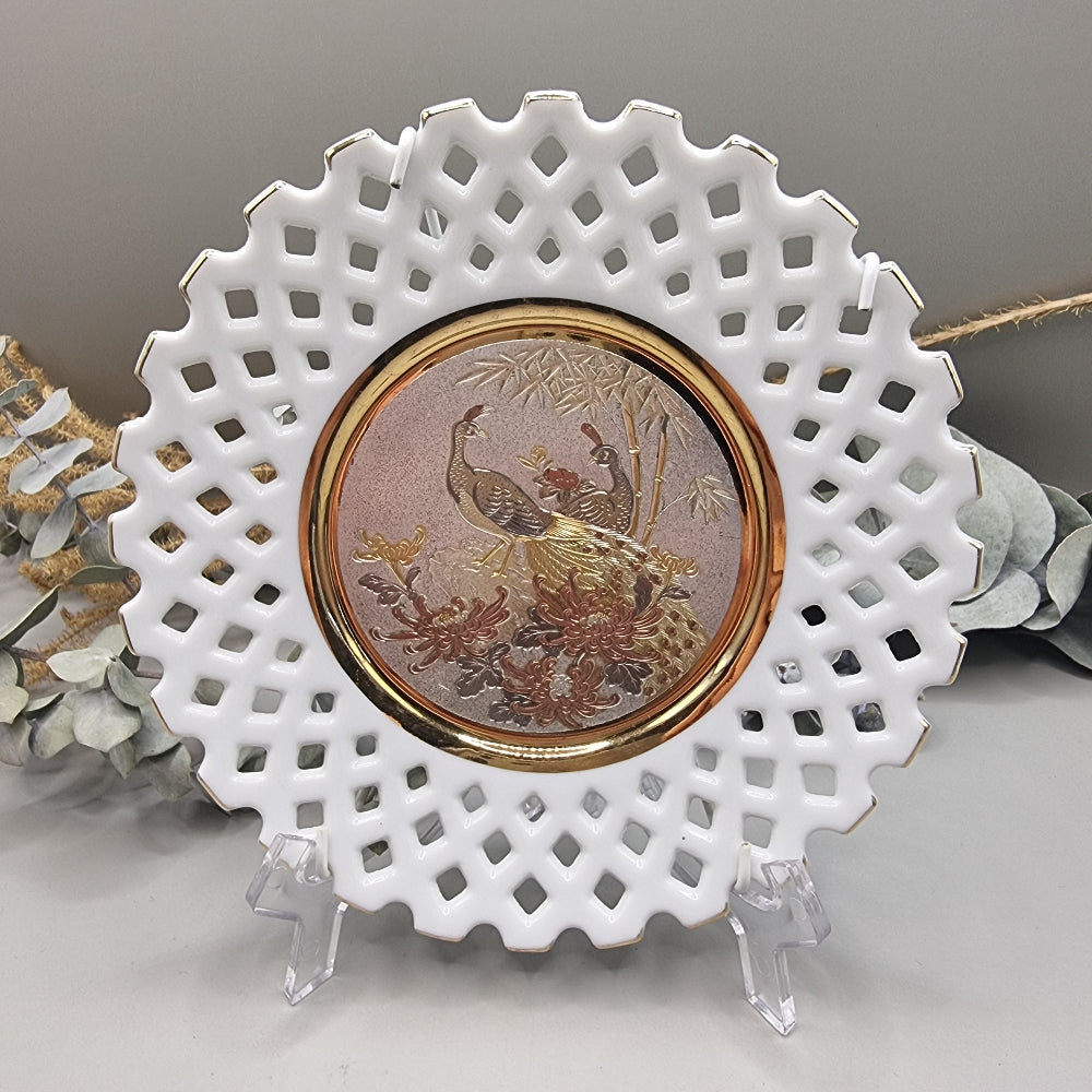 Set of 3 decorative plates with Chokin art birds and flowers, pierced edges and gold trim.