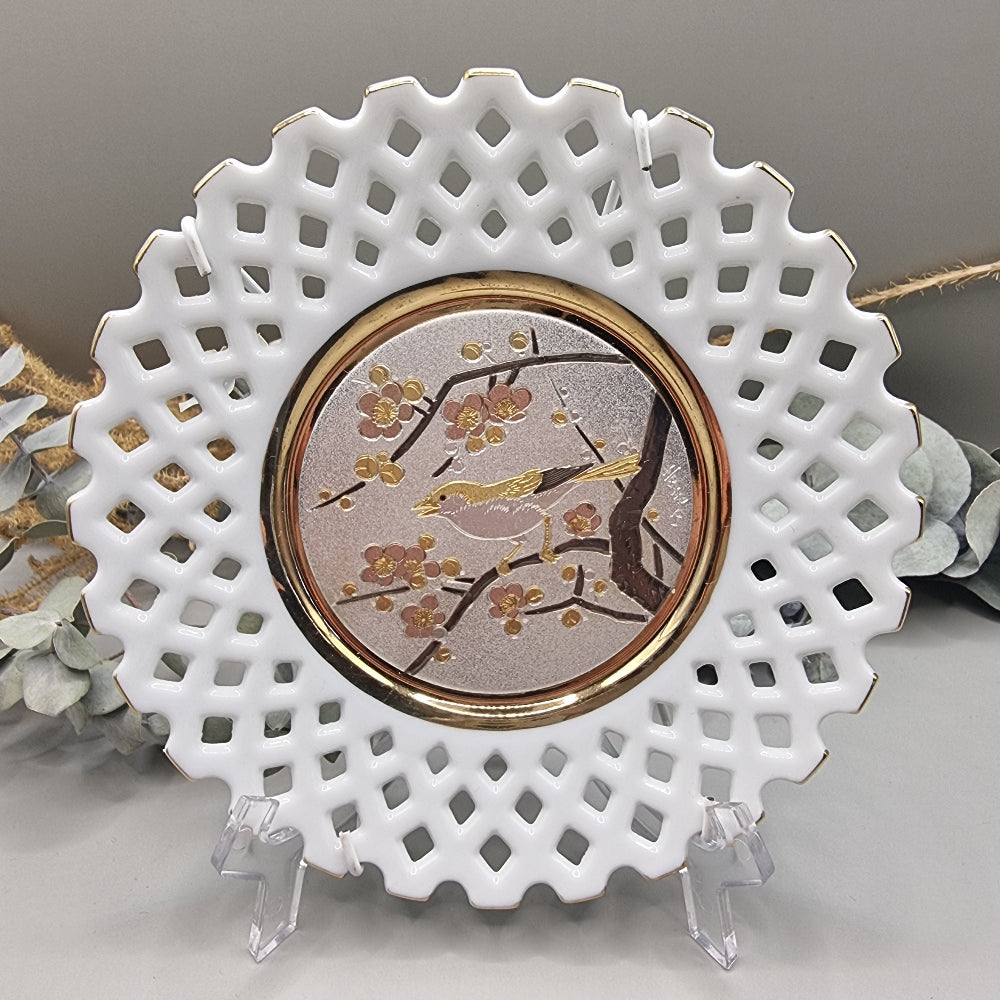 Set of 3 decorative plates with Chokin art birds and flowers, pierced edges and gold trim.